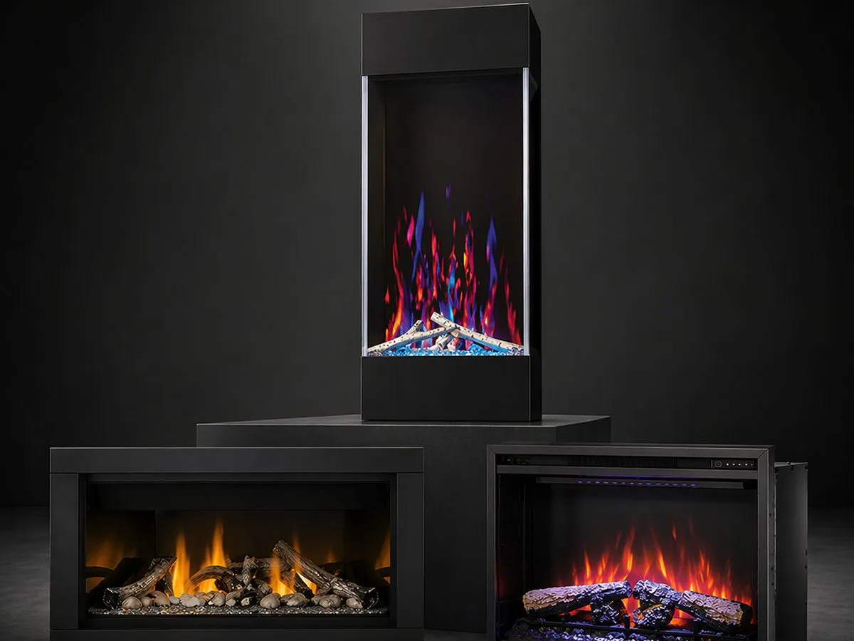Electric fireplace units with flame effects
