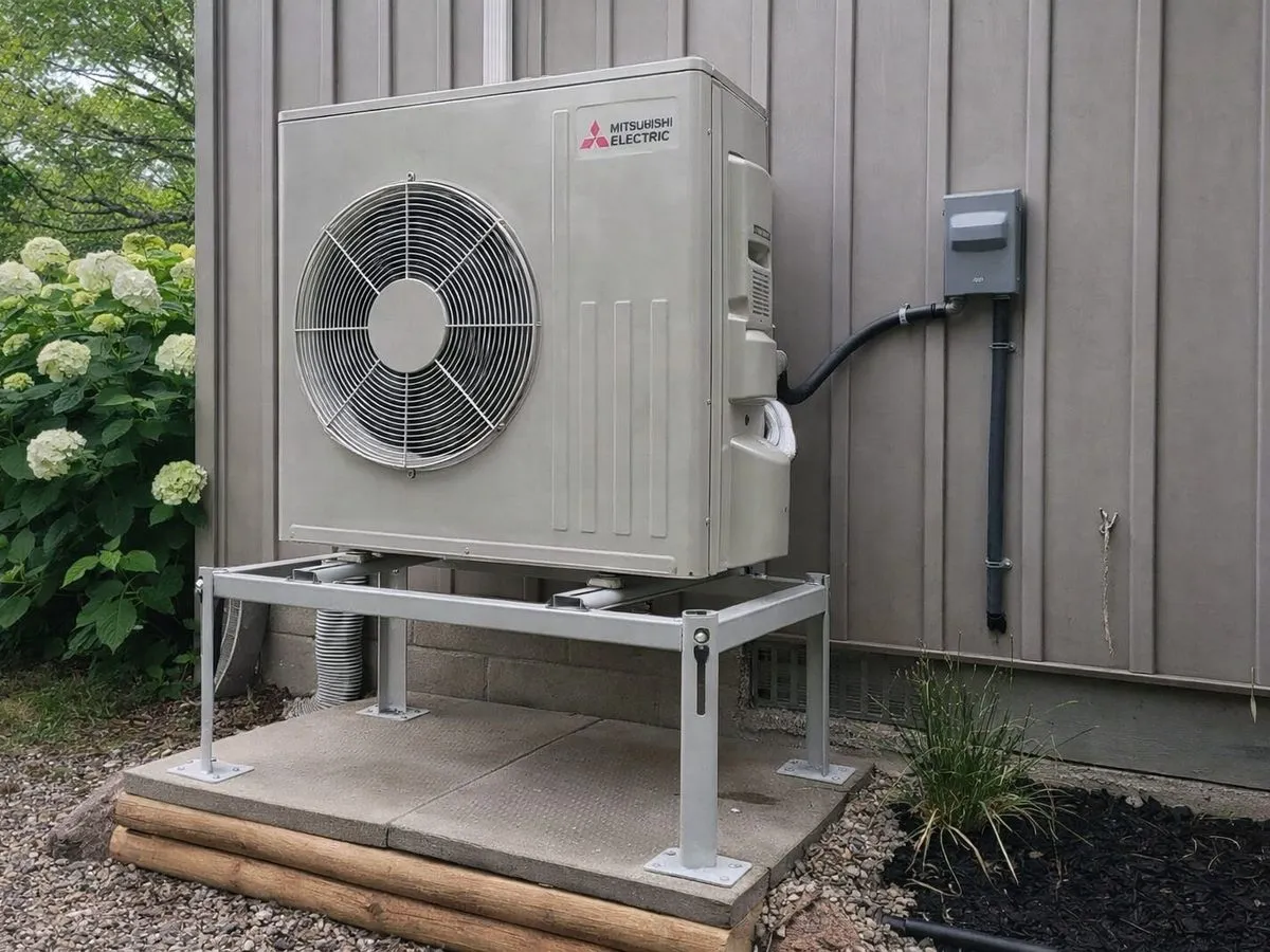 Heat pump outdoor unit on a stand beside a house