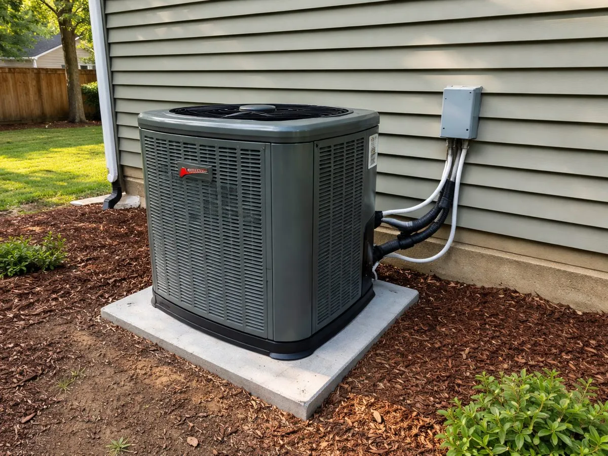 Outdoor heat pump unit installed beside a house