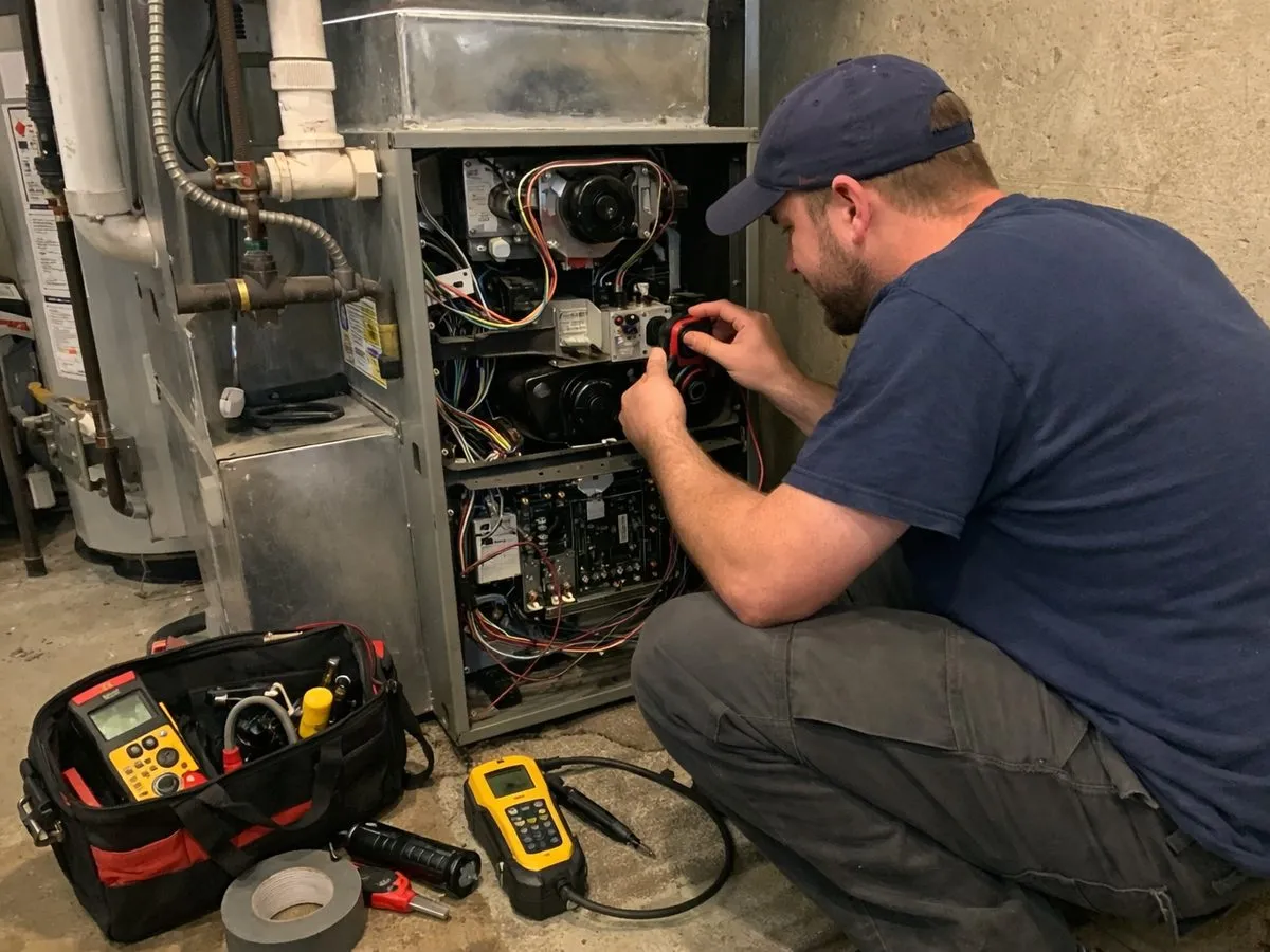 HVAC technician testing a furnace