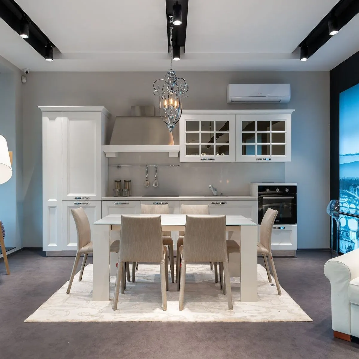 Renovated open-plan dining room with new lighting