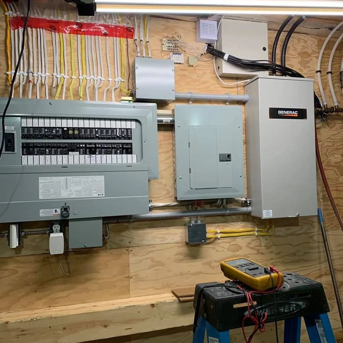 Electrical panel and transfer switch on a basement wall